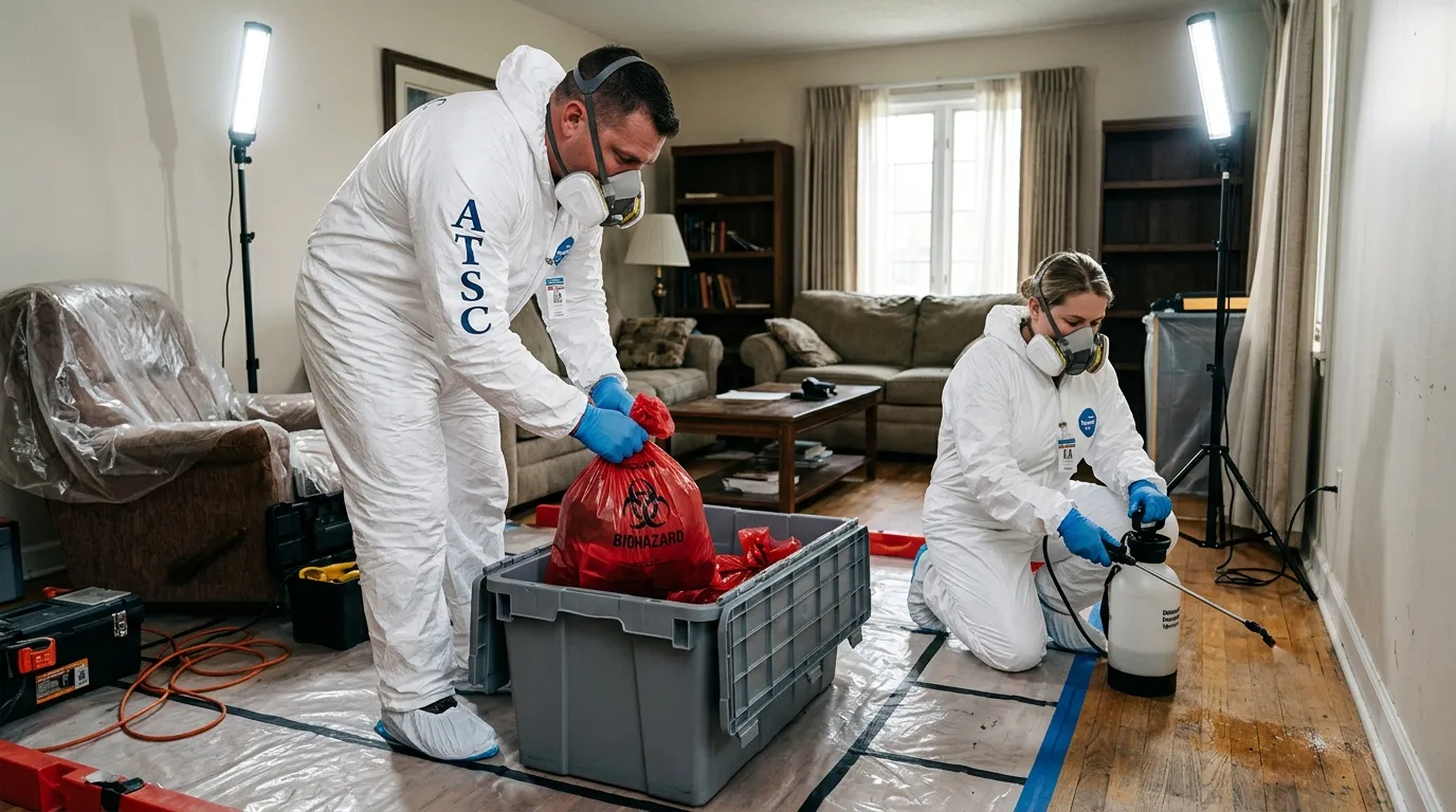 Professional Hoarding Cleanup technician in full PPE working in Mehlville